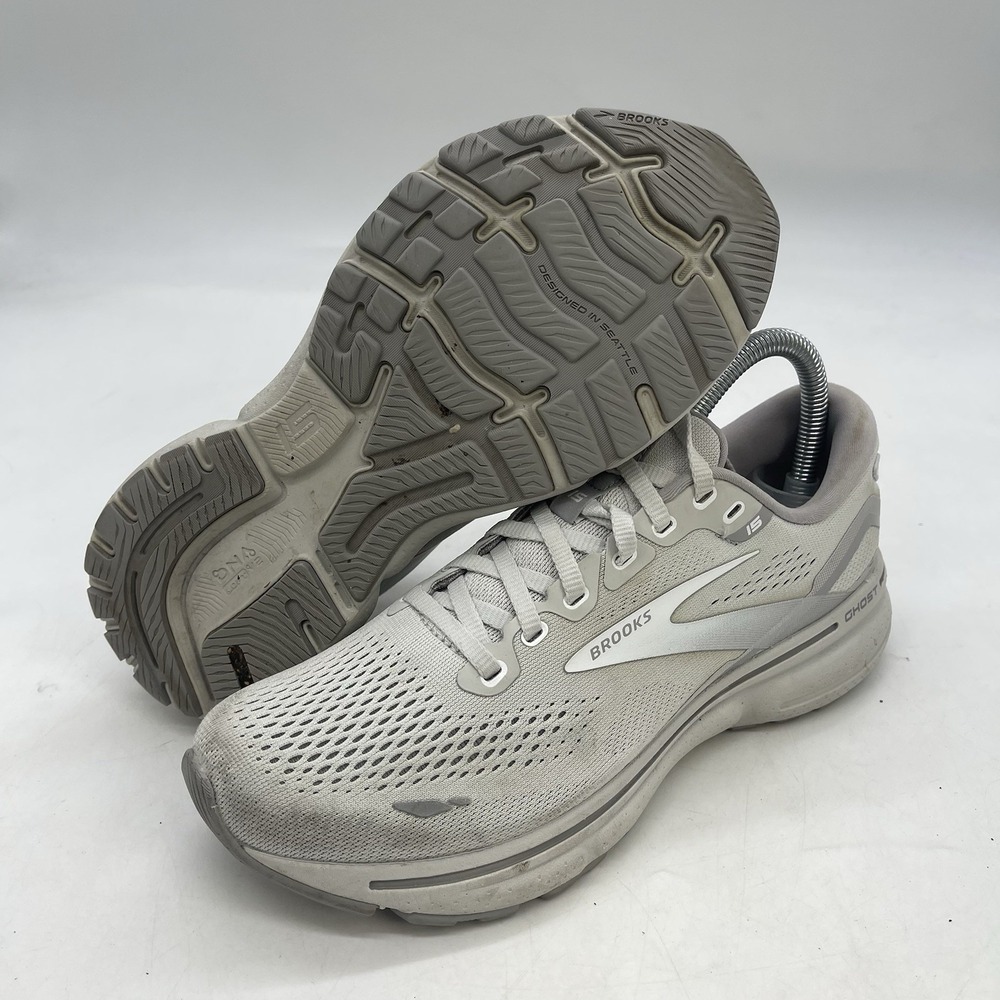 Brooks Ghost 15 Shoes Womens 8 White Crystal Grey Running Comfort 1203801B189